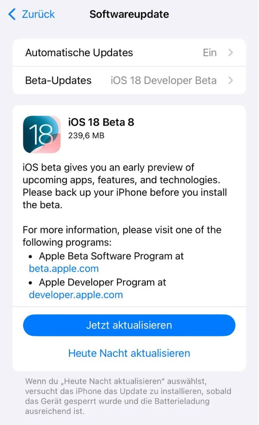 郓城苹果手机维修分享苹果 iOS / iPadOS 18 开发者预览版 Beta 8 发布 